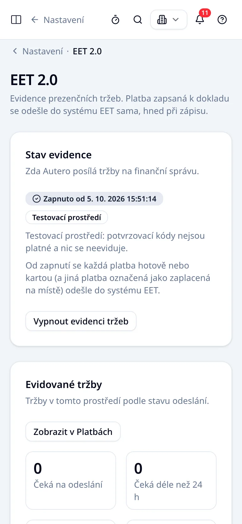 Nastavení EET 2.0 v telefonu: evidence zapnutá a počty tržeb podle stavu odeslání