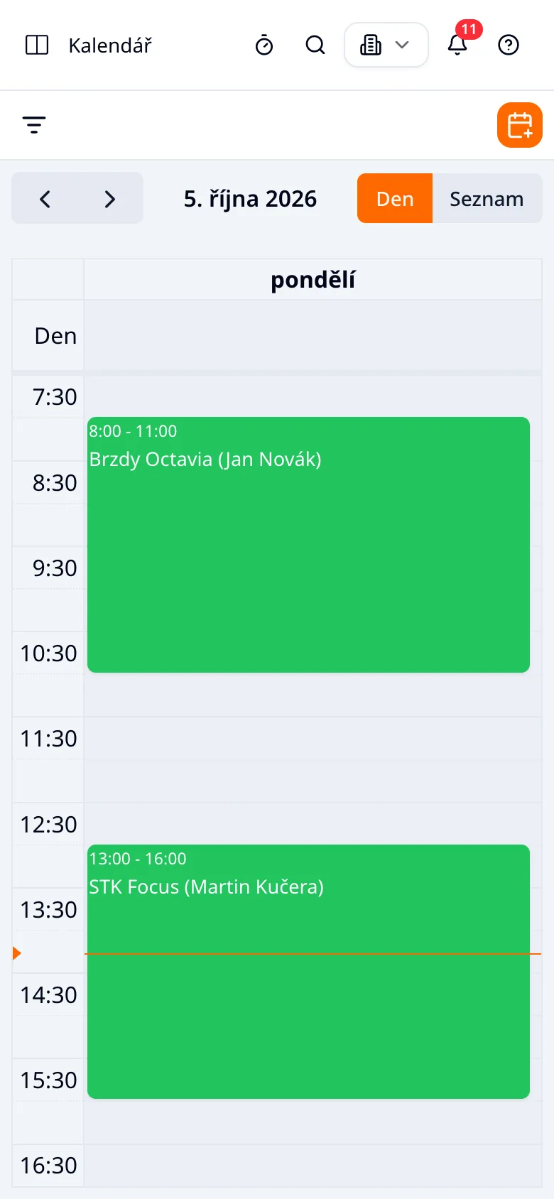 Kalendář v telefonu: dnešní den po hodinách s bloky Brzdy Octavia a STK Focus