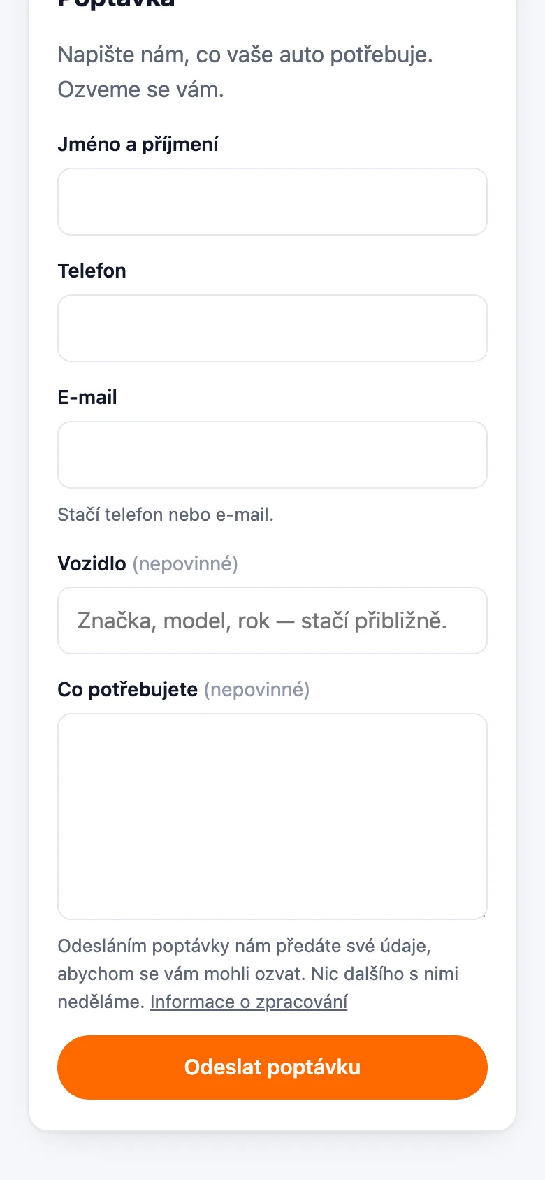 Poptávkový formulář na vizitce dílny v telefonu: jméno a příjmení, telefon, e‑mail, vozidlo, co zákazník potřebuje a tlačítko Odeslat poptávku