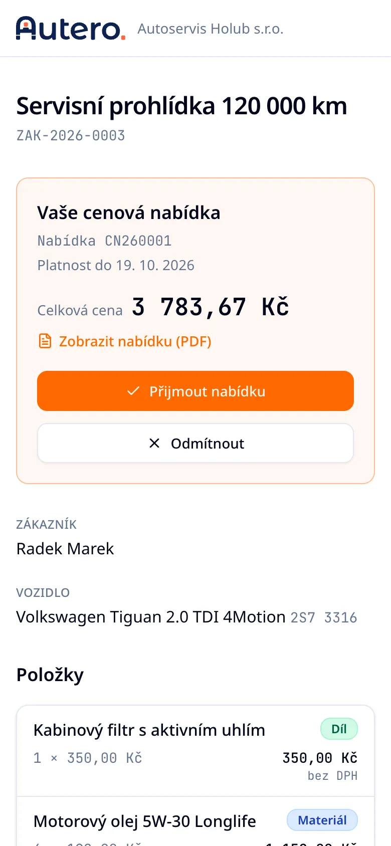 Sdílený odkaz na telefonu zákazníka: cenová nabídka CN260001 k servisní prohlídce na 3 783,67 Kč s tlačítky Přijmout nabídku a Odmítnout